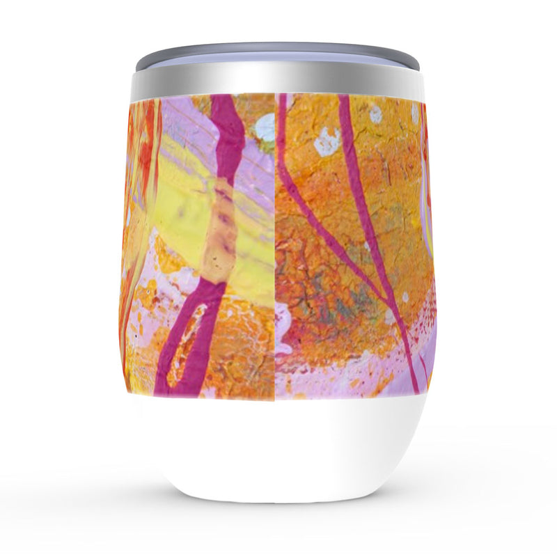 Stainless steel wine glasses, Frangipani, red, pink and yellow floral artwork