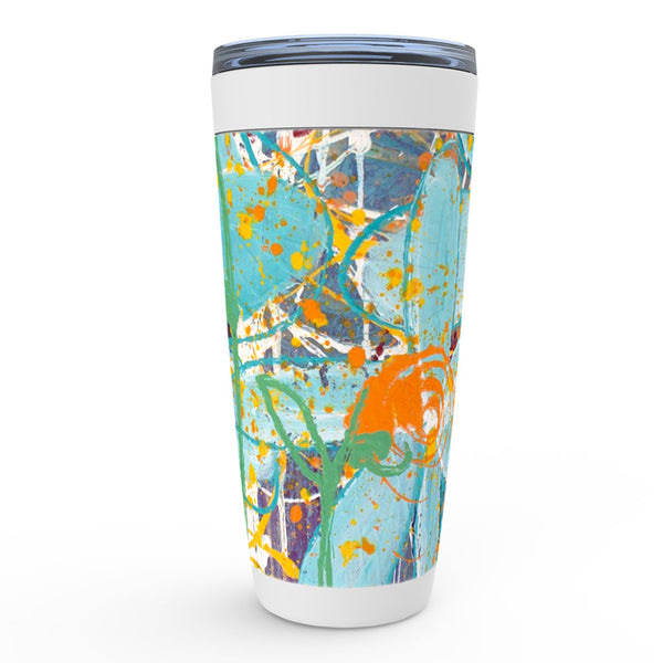 Blue, yellow and green abstract floral artwork coffee tumbler