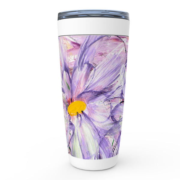 Purple, pink and yellow abstract floral artwork stainless steel tumbler