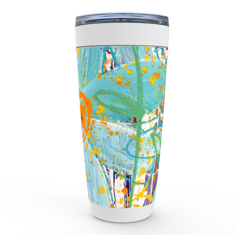 Blue, yellow and green abstract floral artwork insulated tumbler