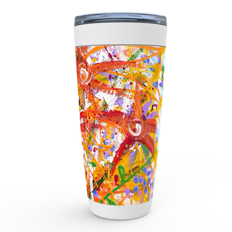 Red, orange and purple abstract floral artwork stainless steel tumbler