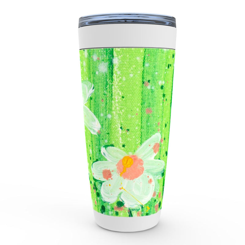 Lime green, white and pink abstract floral artwork coffee tumbler