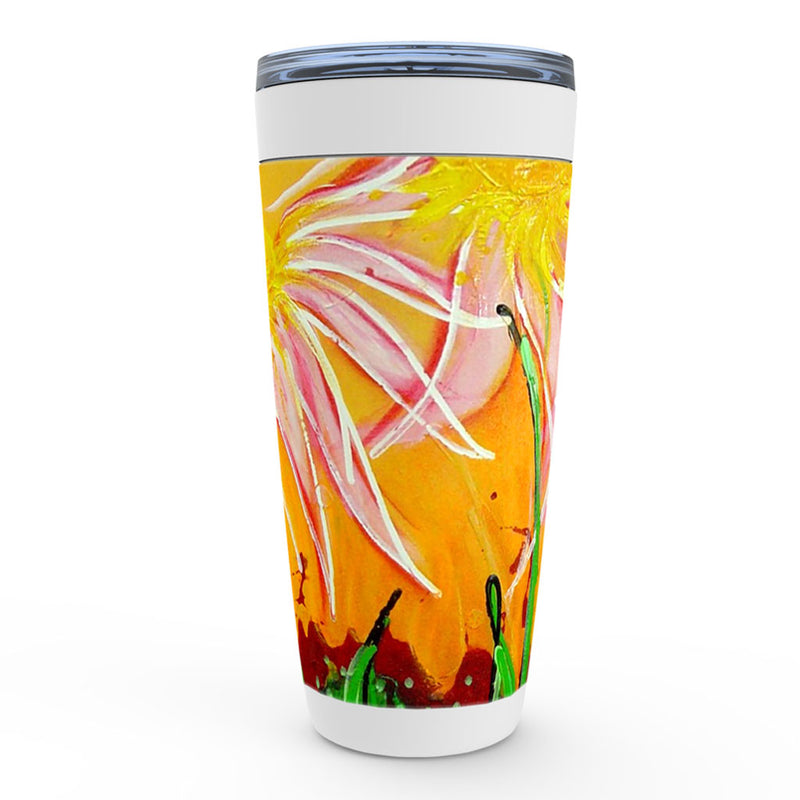 Orange, yellow and pink abstract floral artwork stainless steel tumbler