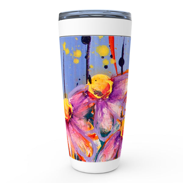 Blue, purple and yellow abstract floral artwork stainless steel tumbler