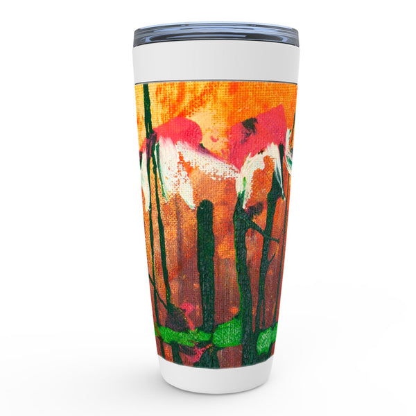 Orange, pink and green abstract floral artwork coffee tumbler