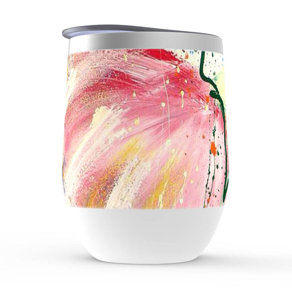 Insulated wine tumbler, Dapple, pink and white floral artwork
