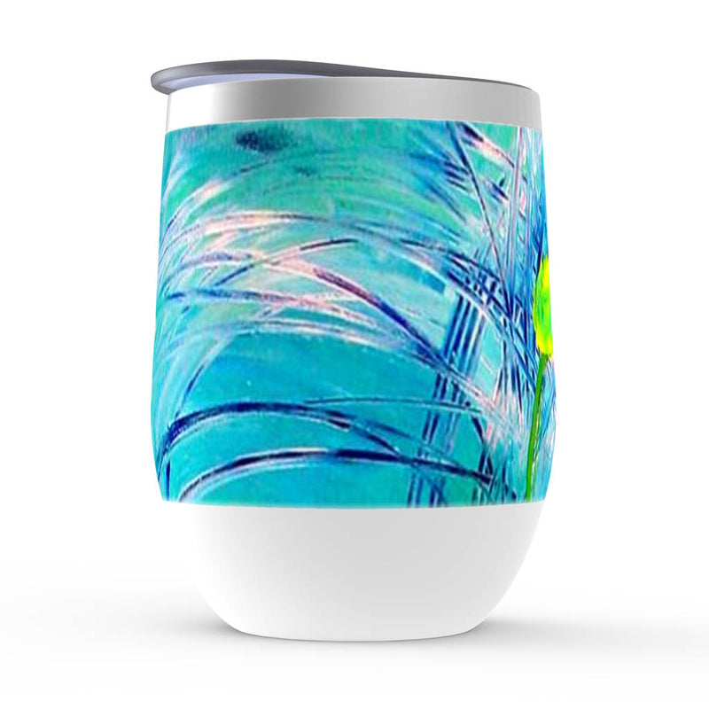 Insulated wine tumbler, Dandilove, green and blue floral artwork