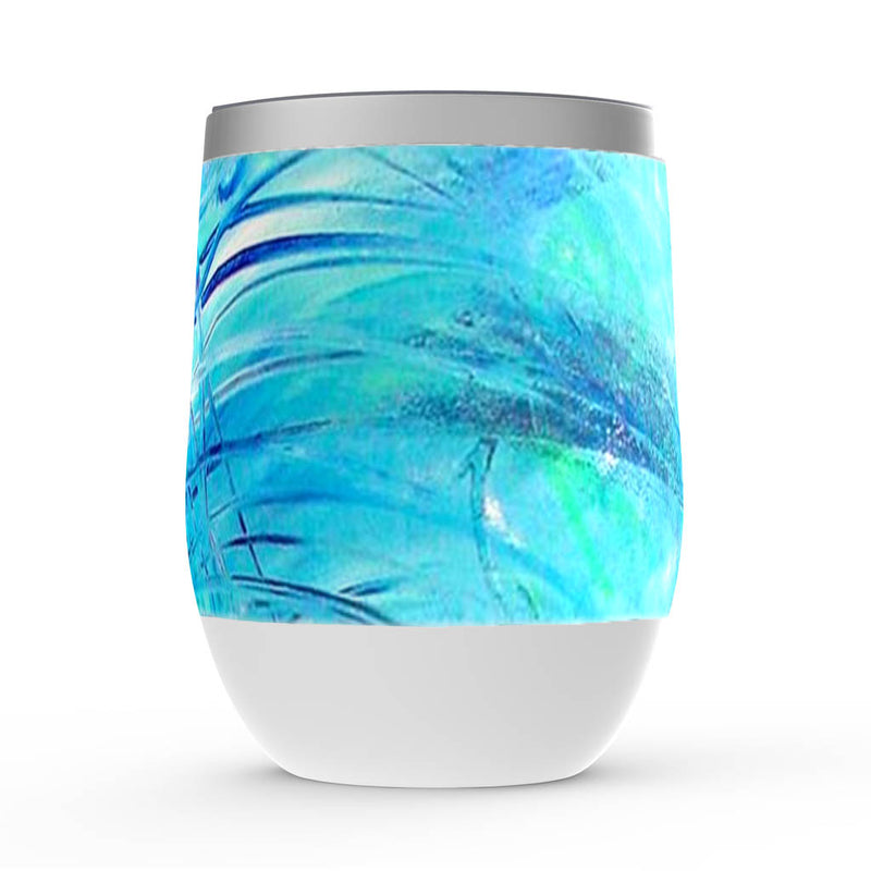 Wine tumbler with lid, Dandilove, green and blue floral artwork