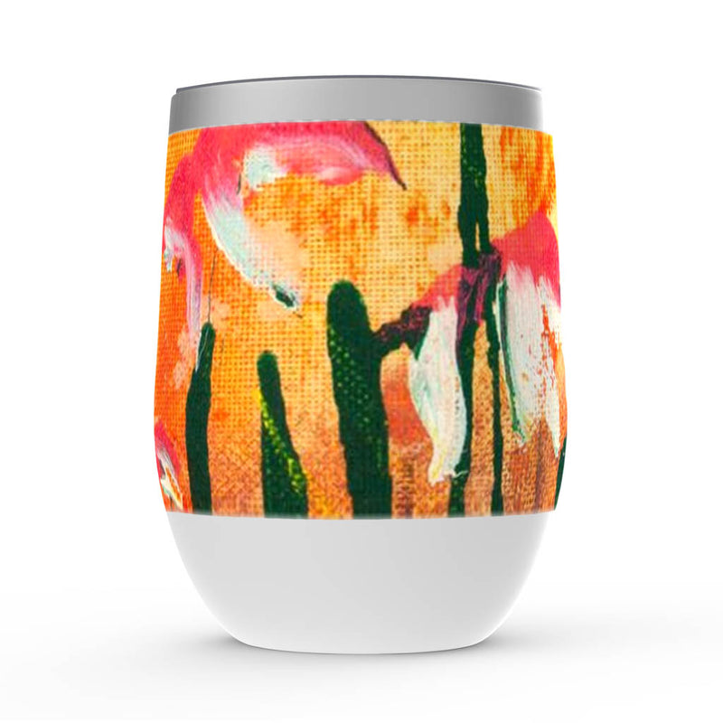 Wine tumbler with lid, Sunshine, green, pink and orange floral artwork