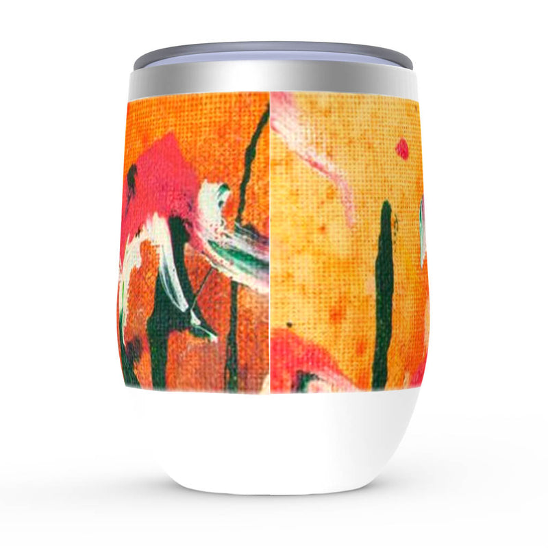 Stainless steel wine glasses, Sunshine, green, pink and orangefloral artwork