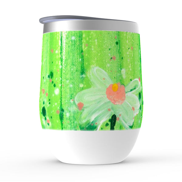 Insulated wine tumbler, Daisy, green, pink and white floral artwork