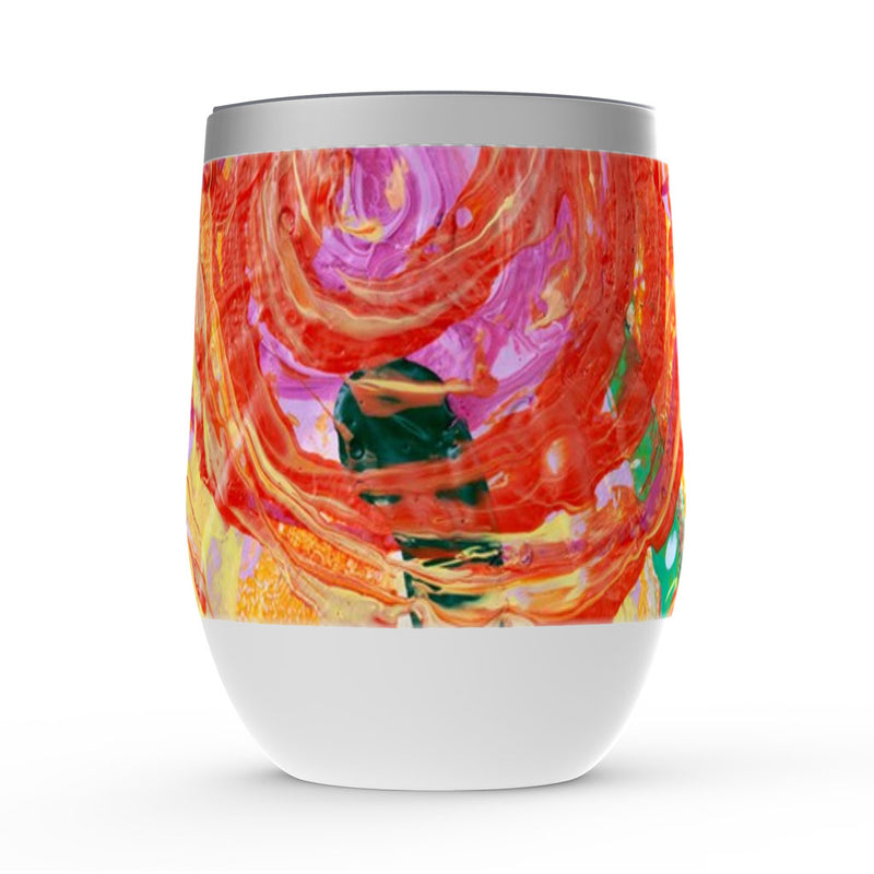 Wine tumbler with lid, Frangipani, red, pink and yellow floral artwork 