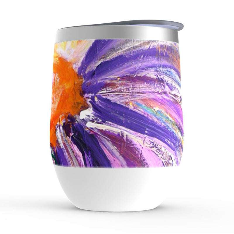 Wine tumbler, Sunfair, purple, orange and white floral artwork
