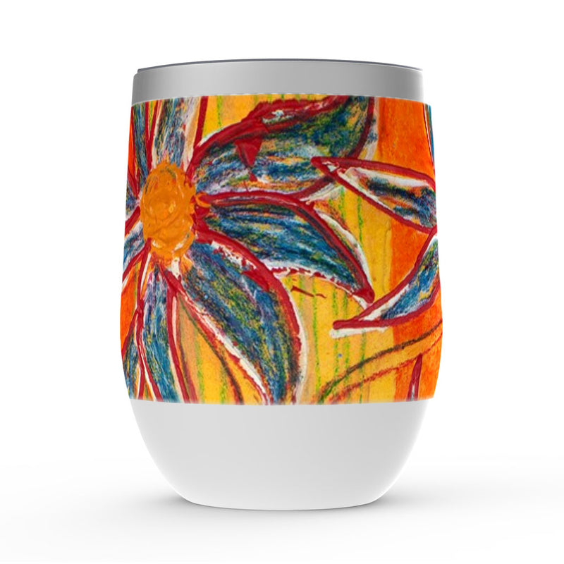 Wine tumbler with lid, Blue Vase, yellow, orange and blue floral artwork