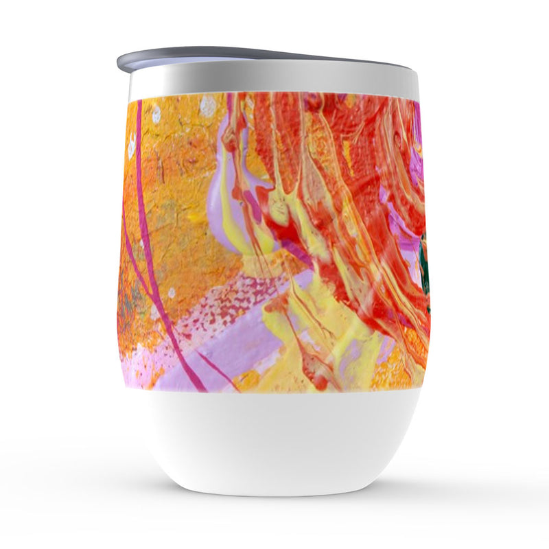 Insulated wine tumbler, Frangipani, red, pink and yellow floral artwork 