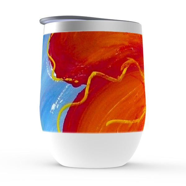 Insulated wine tumbler, Passion, red, yellow and blue floral artwork