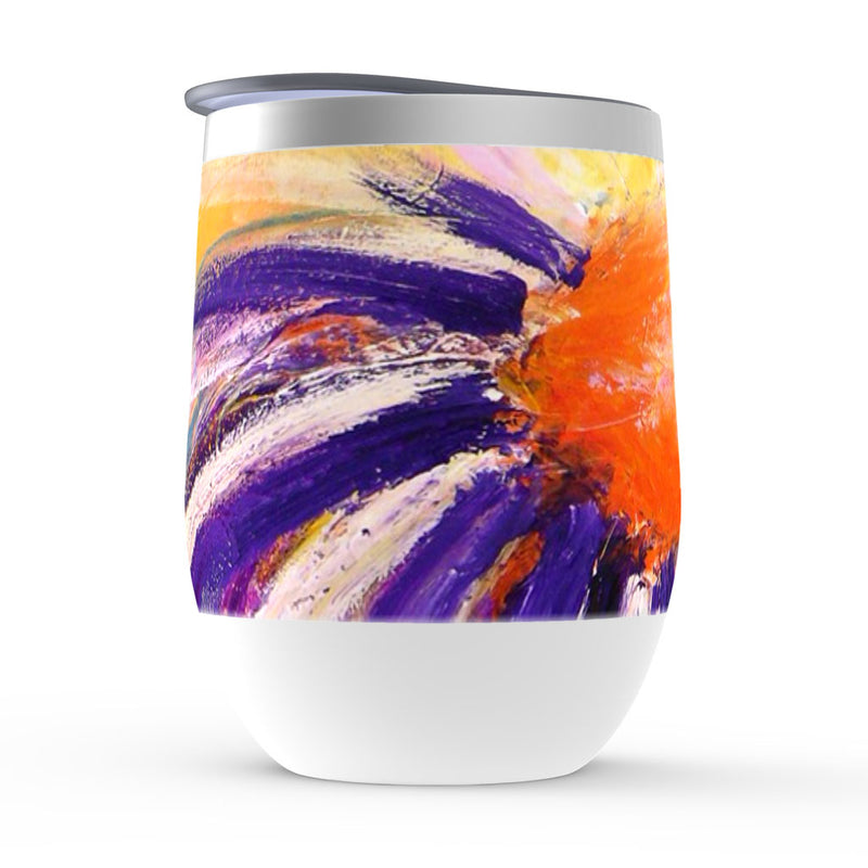 Insulated wine tumbler, Sunfair, purple, orange and white floral artwork 