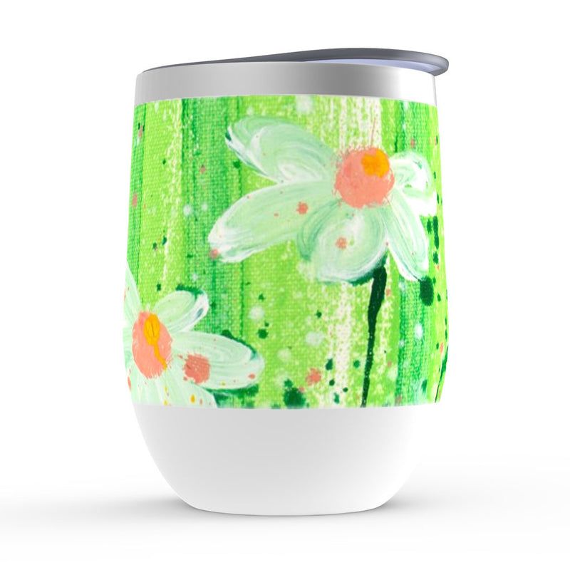 Wine tumbler, Daisy, green, pink and white floral artwork