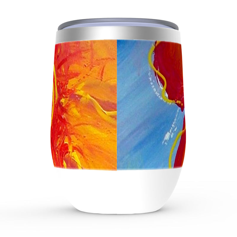 Stainless steel wine glasses, Passion, red, yellow and blue floral artwork
