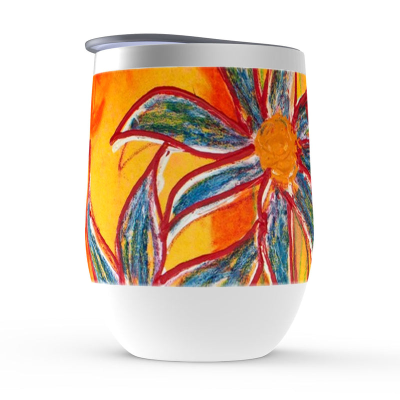 Insulated wine tumbler, Blue Vase, yellow, orange and blue floral artwork 