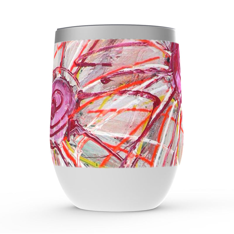 Wine tumbler with lid, Candi, pink, red and orange floral artwork