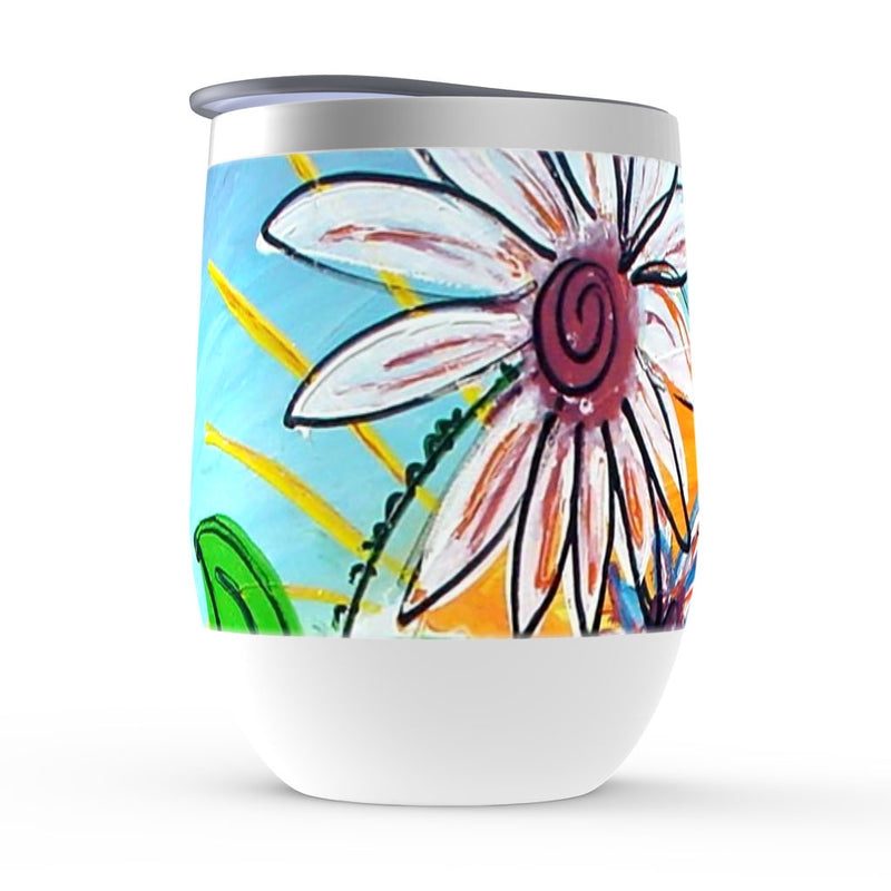 Insulated wine tumbler, Date, purple, white and blue floral artwork 