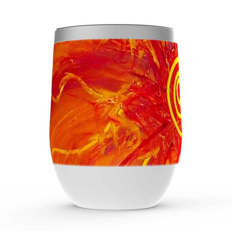 Wine tumbler with lid, Passion, red, yellow and blue floral artwork