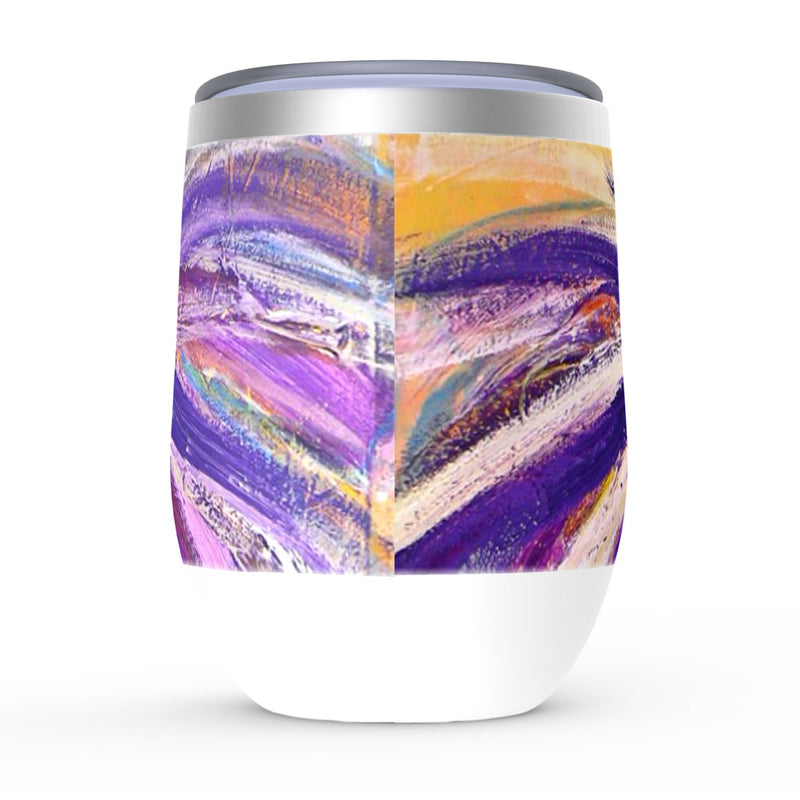 Stainless steel wine glasses, Sunfair, purple, orange and white floral artwork