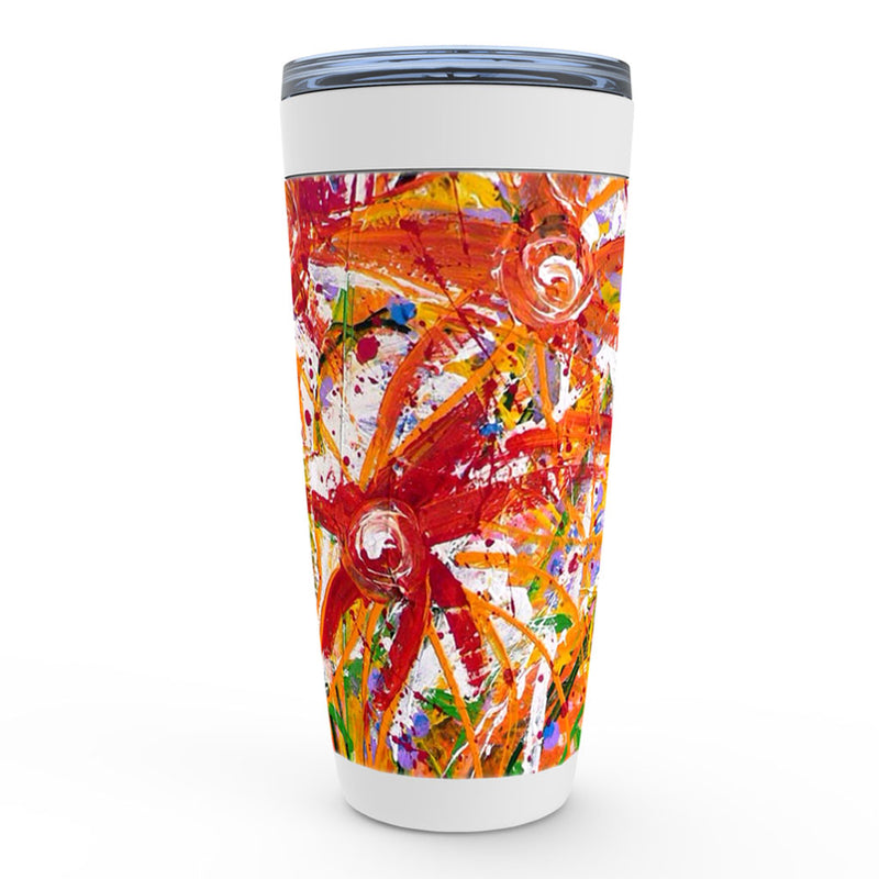 Red, orange and purple abstract floral artwork coffee tumbler