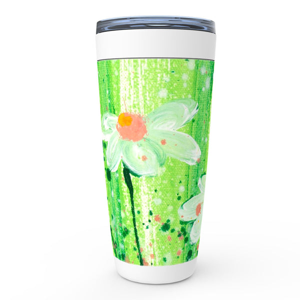 Lime green, white and pink abstract floral artwork stainless steel tumbler