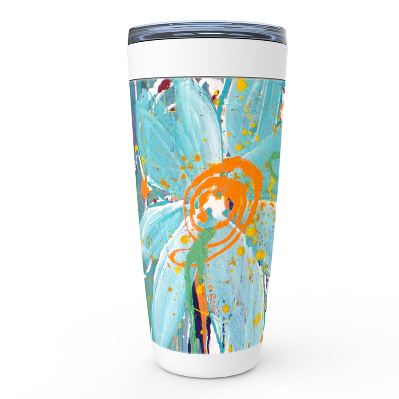 Blue, yellow and green abstract floral artwork stainless steel tumbler