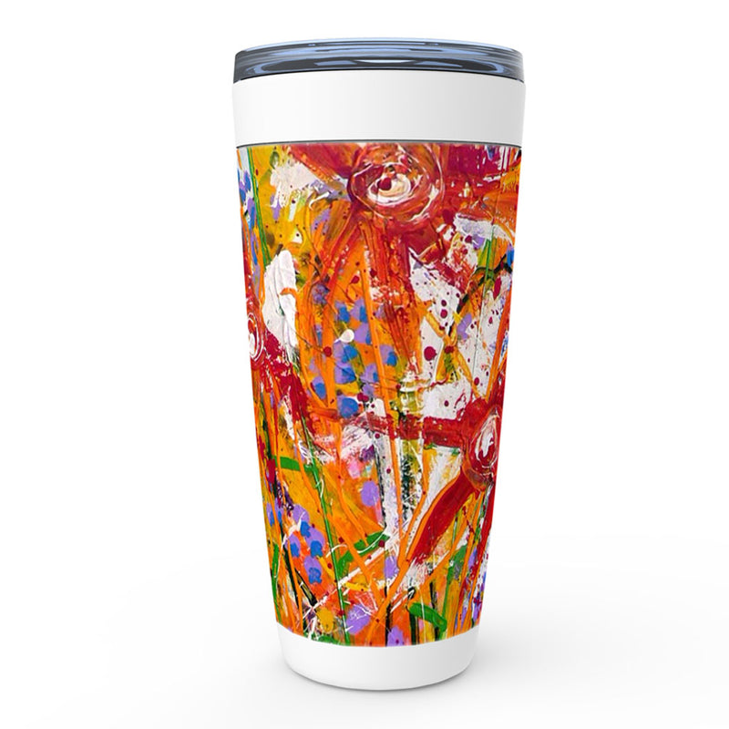 Red, orange and purple abstract floral artwork insulated tumbler