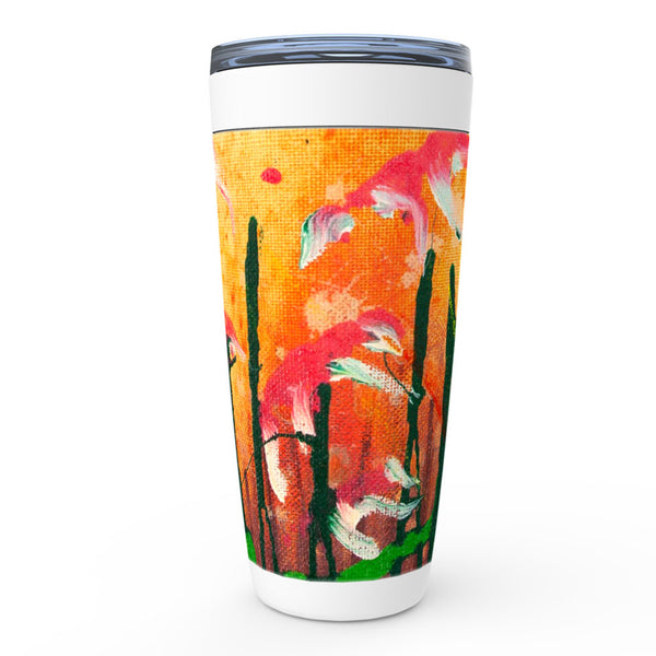 Orange, pink and green abstract floral artwork stainless steel tumbler