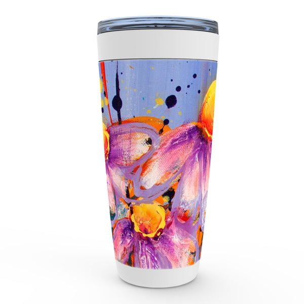 Blue, purple and yellow abstract floral artwork coffee tumbler